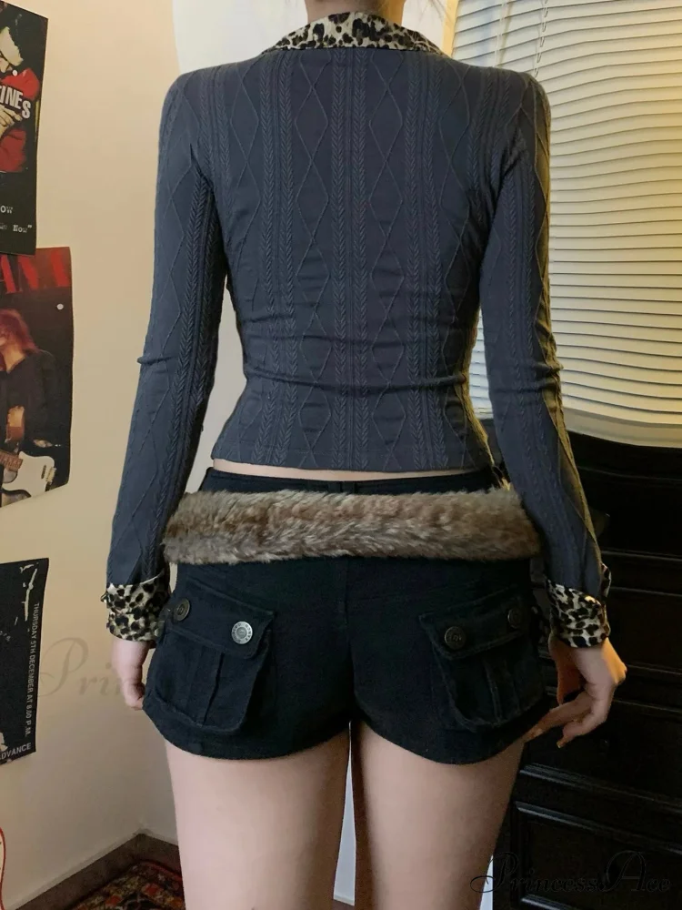 Spotted Patchwork Faux 2 Piece Slim Fold-Over Collar Long Sleeve Knit Top - Image 2