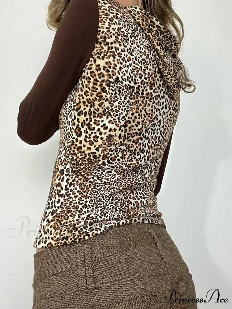 Spotted Patchwork Hooded Trim V-Neck Extended Sleeve Knit Top - Image 3