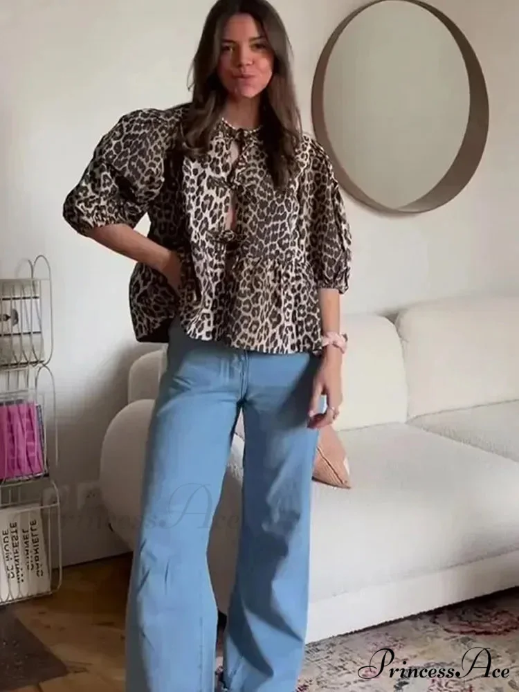 Spotted Pattern Cut Out Round Neck Short Sleeve Blouse - Image 5