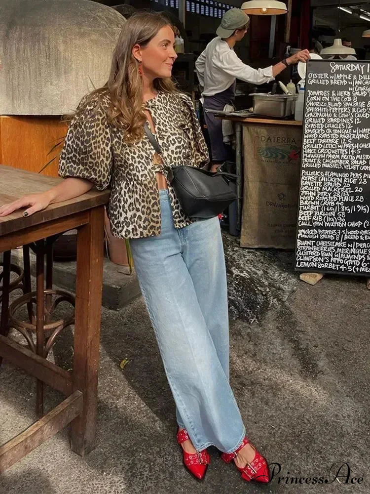 Spotted Pattern Cut Out Round Neck Short Sleeve Blouse - Image 6