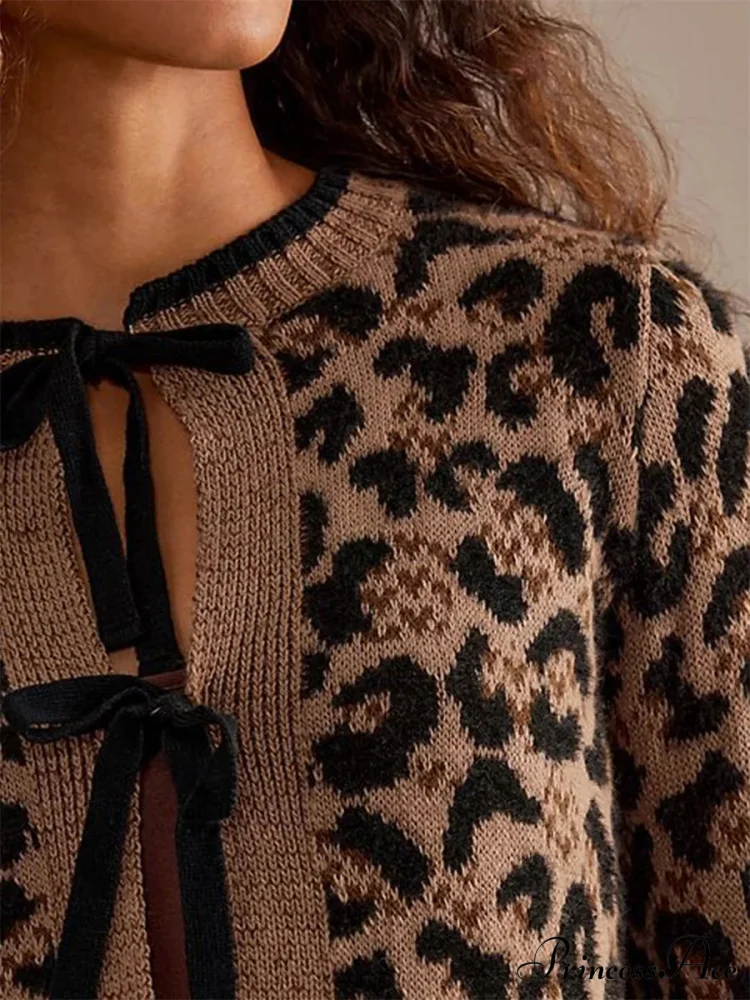 Spotted Pattern Ribbed Tie Front Knit Cardigan - Image 3