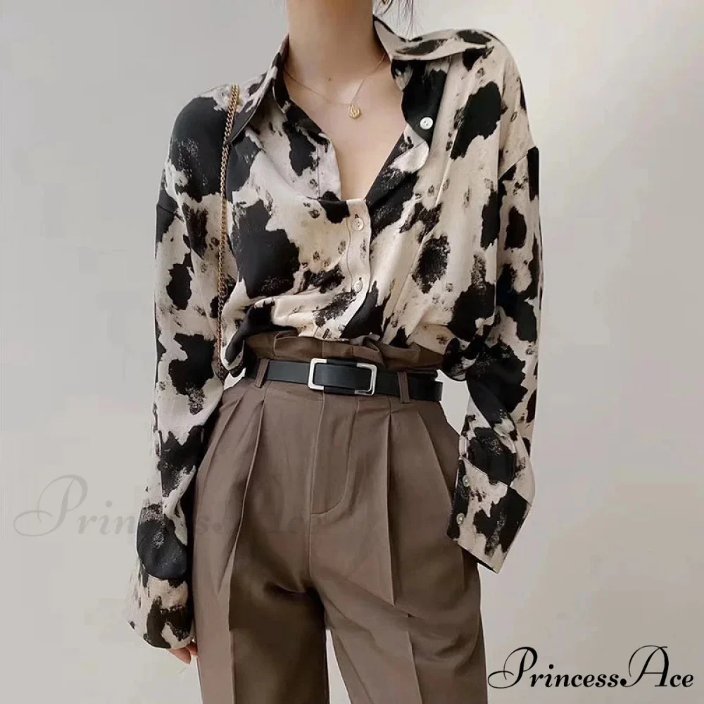 Spotted Print Button Up Long Sleeve Blouse - Image 2