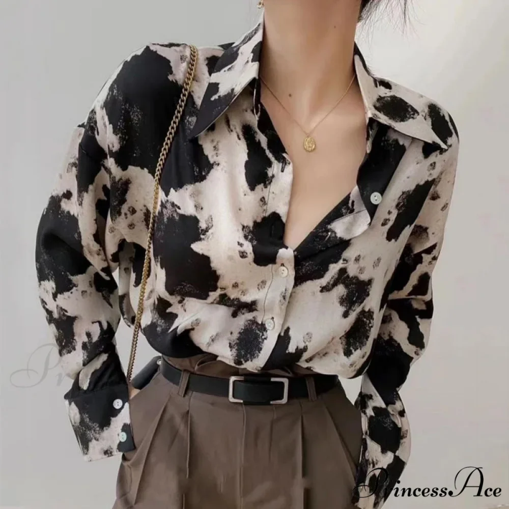 Spotted Print Button Up Long Sleeve Blouse - Image 3