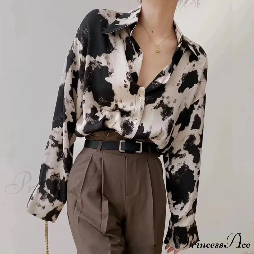 Spotted Print Button Up Long Sleeve Blouse - Image 4