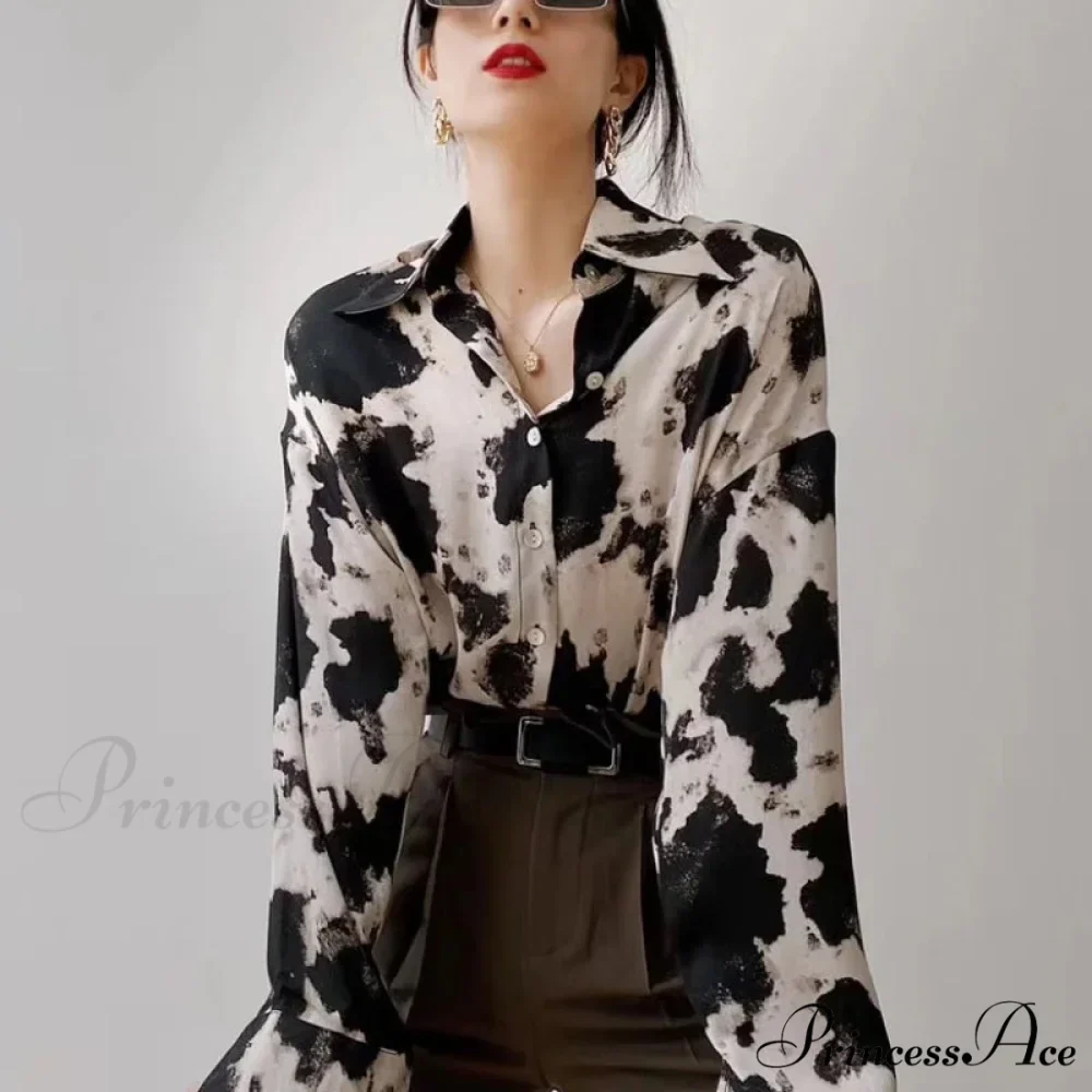 Spotted Print Button Up Long Sleeve Blouse - Image 5