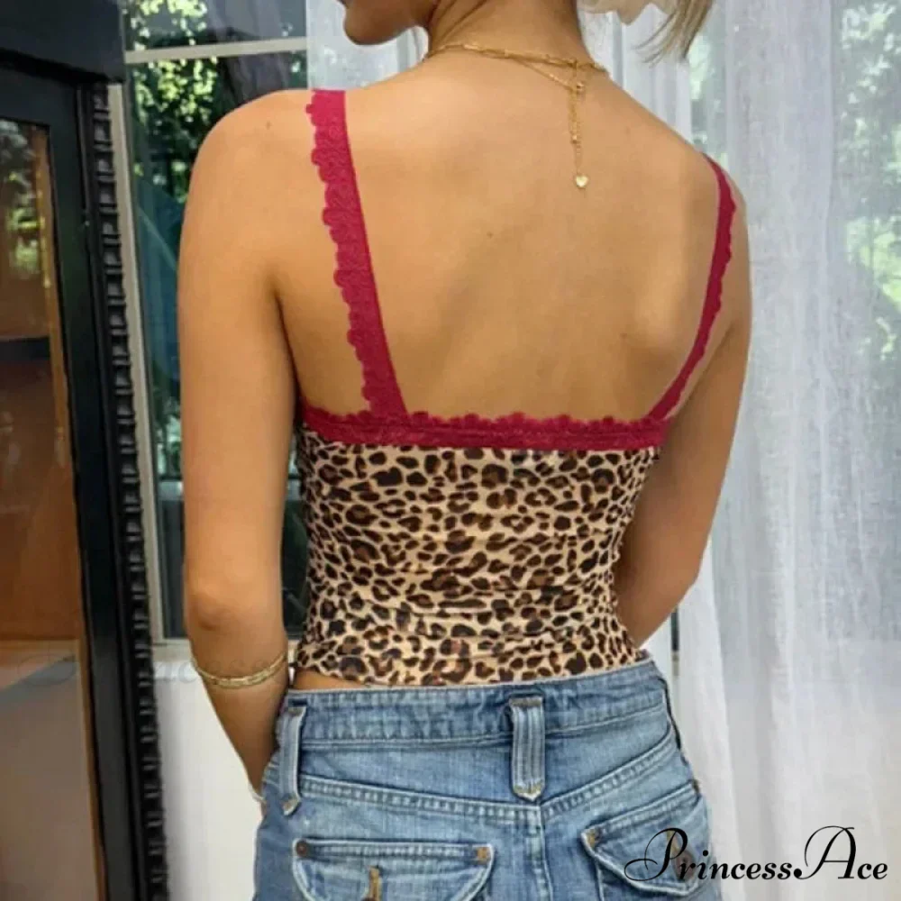 Spotted Print Flirtatious Lace Trim V Neck Spaghetti Strap Seductive Sleeveless Crop Top - Image 2