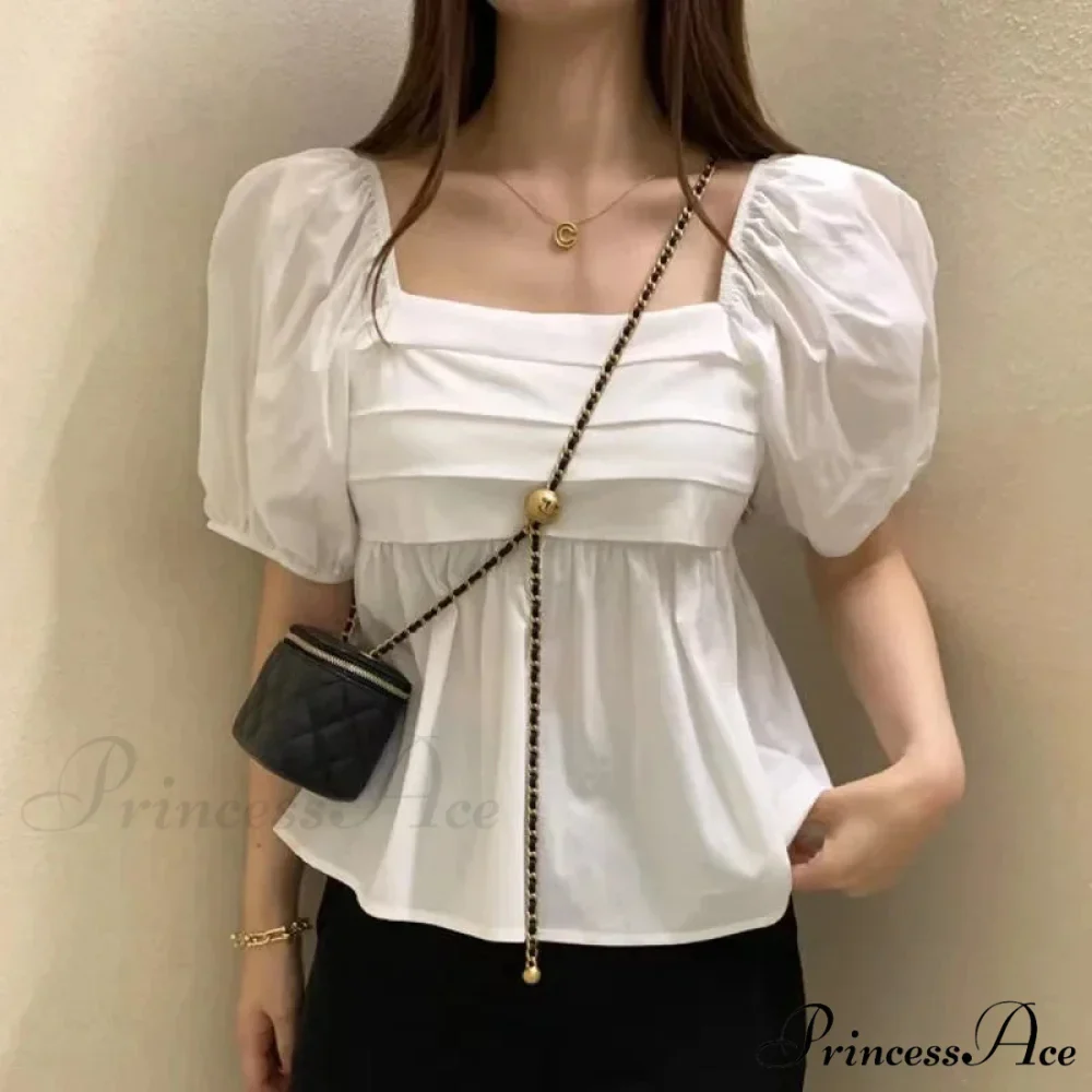 Square Neck Puff Sleeve Informal Pleated Ivory Blouse - Image 2