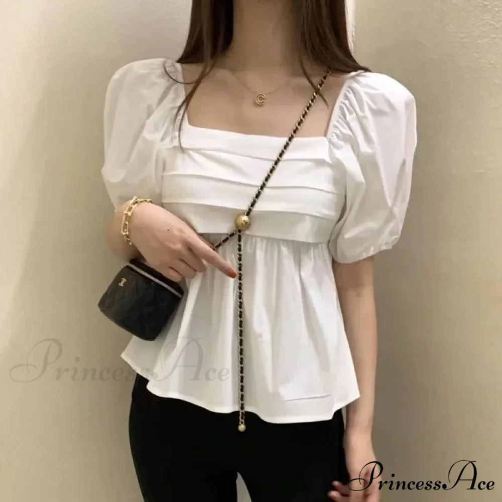 Square Neck Puff Sleeve Informal Pleated Ivory Blouse - Image 3