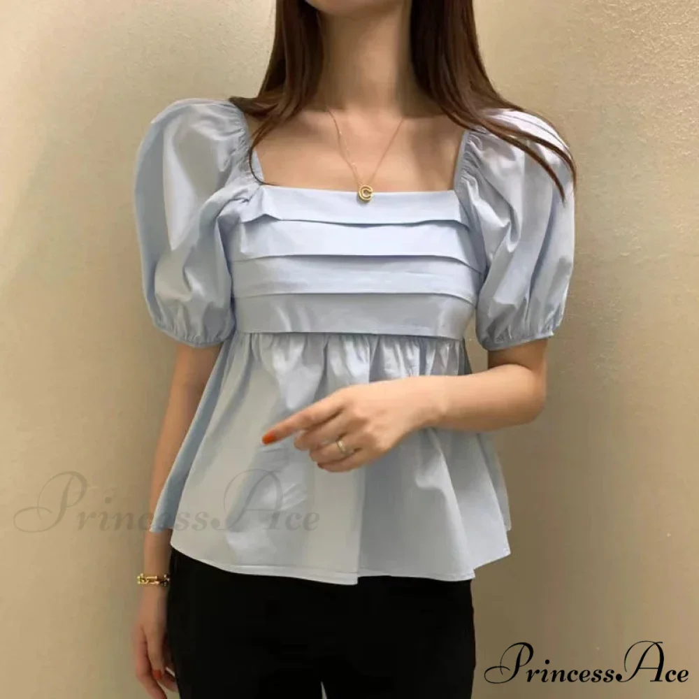 Square Neck Puff Sleeve Informal Pleated Ivory Blouse - Image 4