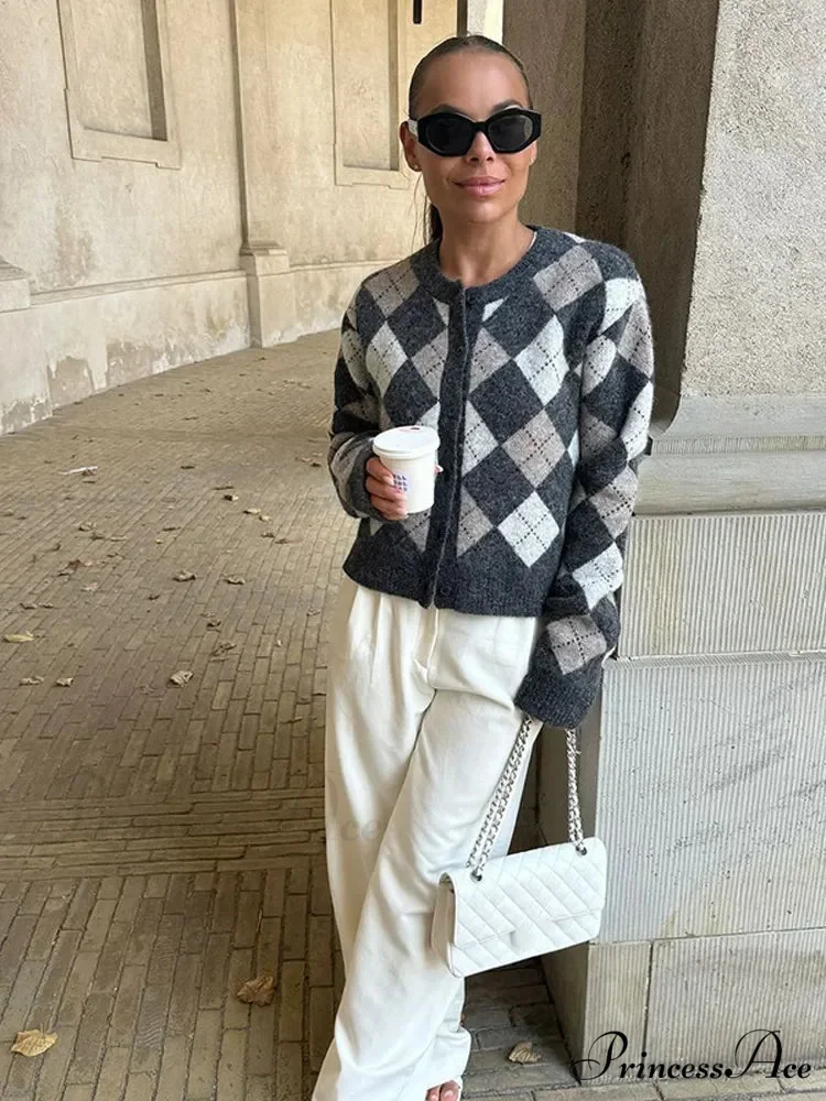 Square Printed Round-neck Long Sleeve Cardigan - Image 2
