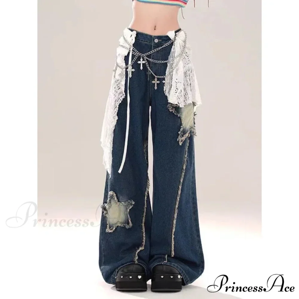 Star Loose Denim Broad Leg Trousers - Image 3