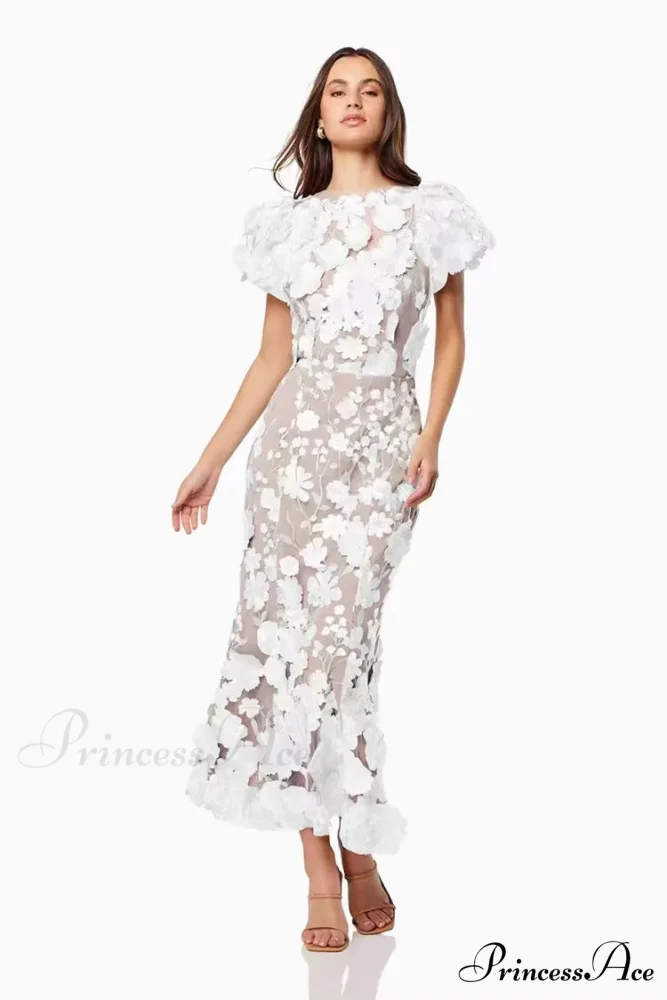 Stitched Blossom Pattern Puffed Sleeve Celebration Gown - Image 5