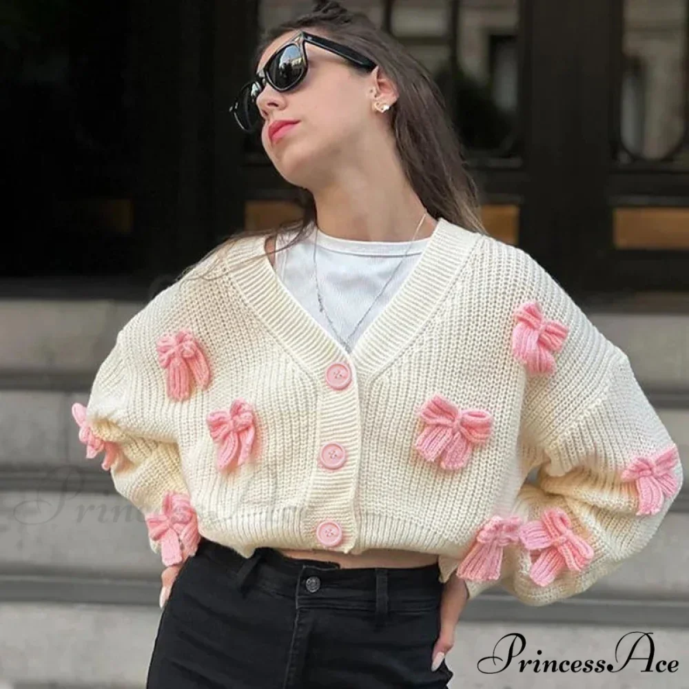 Stitched Bow Plunging Neckline Cardigan - Image 2