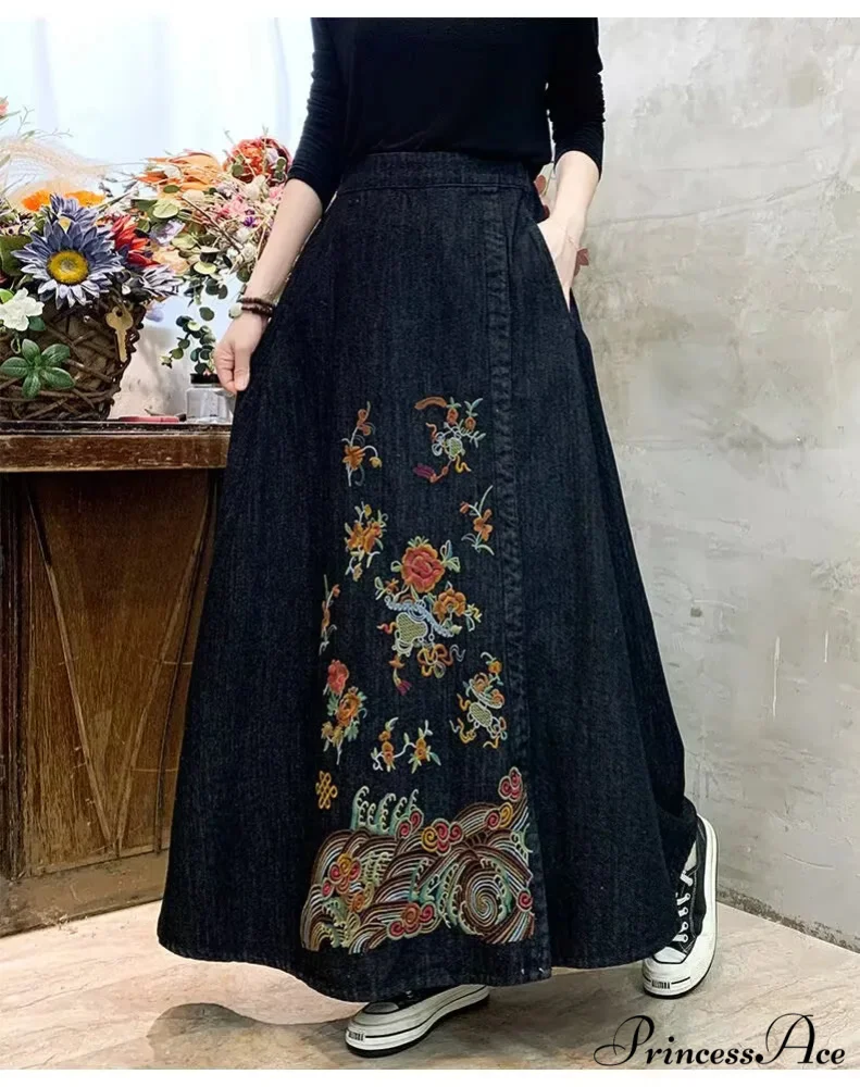 Stitched Denim High Waist Japanese Forest Long Relaxed Skirt - Image 2