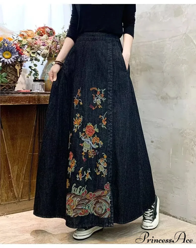 Stitched Denim High Waist Japanese Forest Long Relaxed Skirt - Image 3