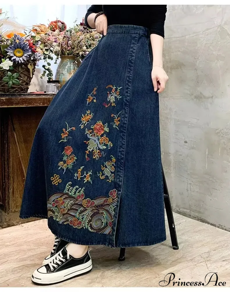 Stitched Denim High Waist Japanese Forest Long Relaxed Skirt - Image 4