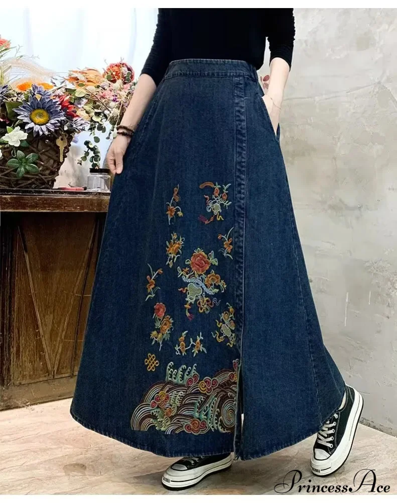 Stitched Denim High Waist Japanese Forest Long Relaxed Skirt - Image 5