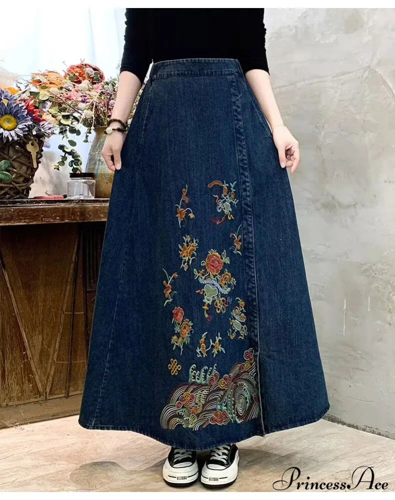 Stitched Denim High Waist Japanese Forest Long Relaxed Skirt - Image 6