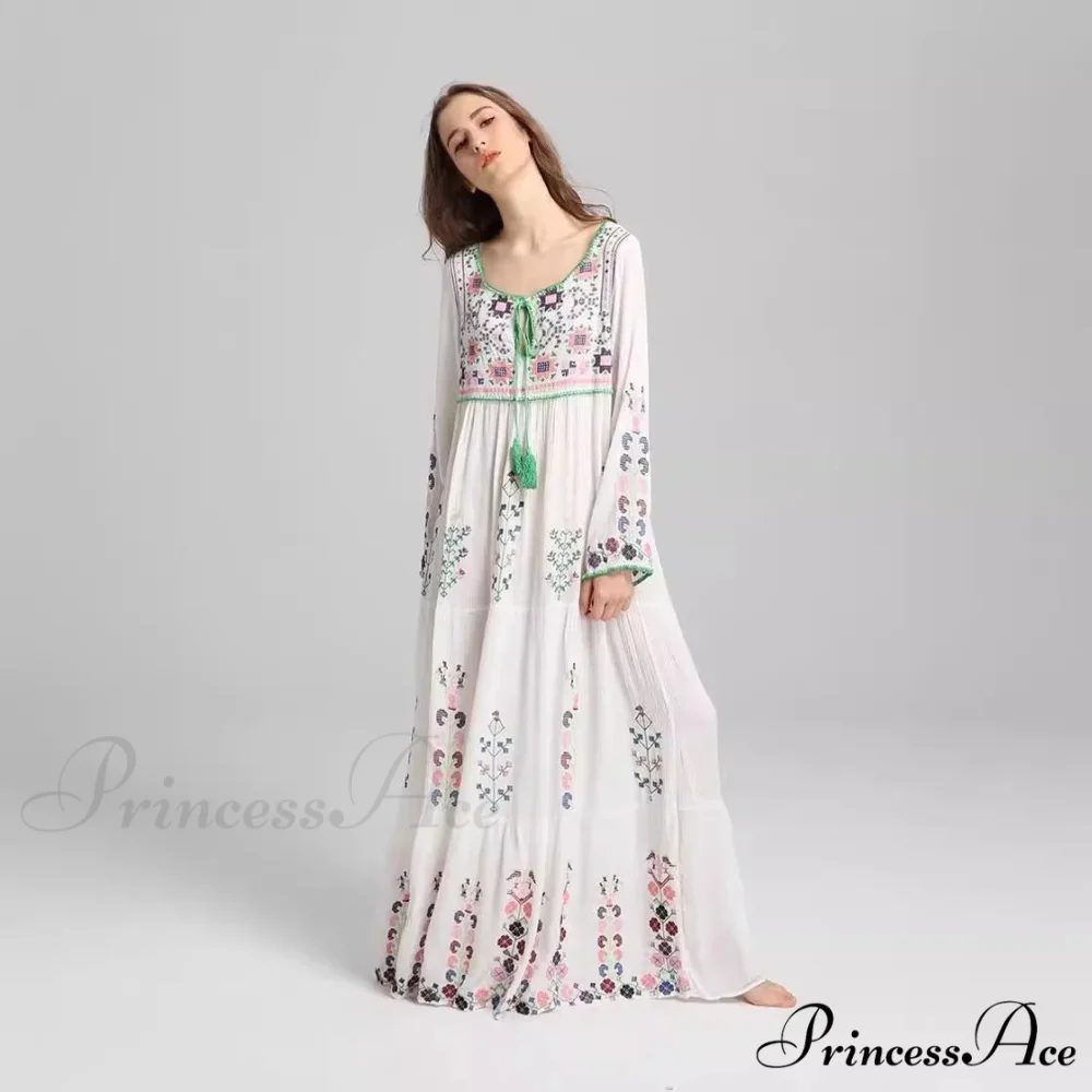 Stitched Flowery Long-sleeved Wanderer Maxi Boho Dress - Image 2