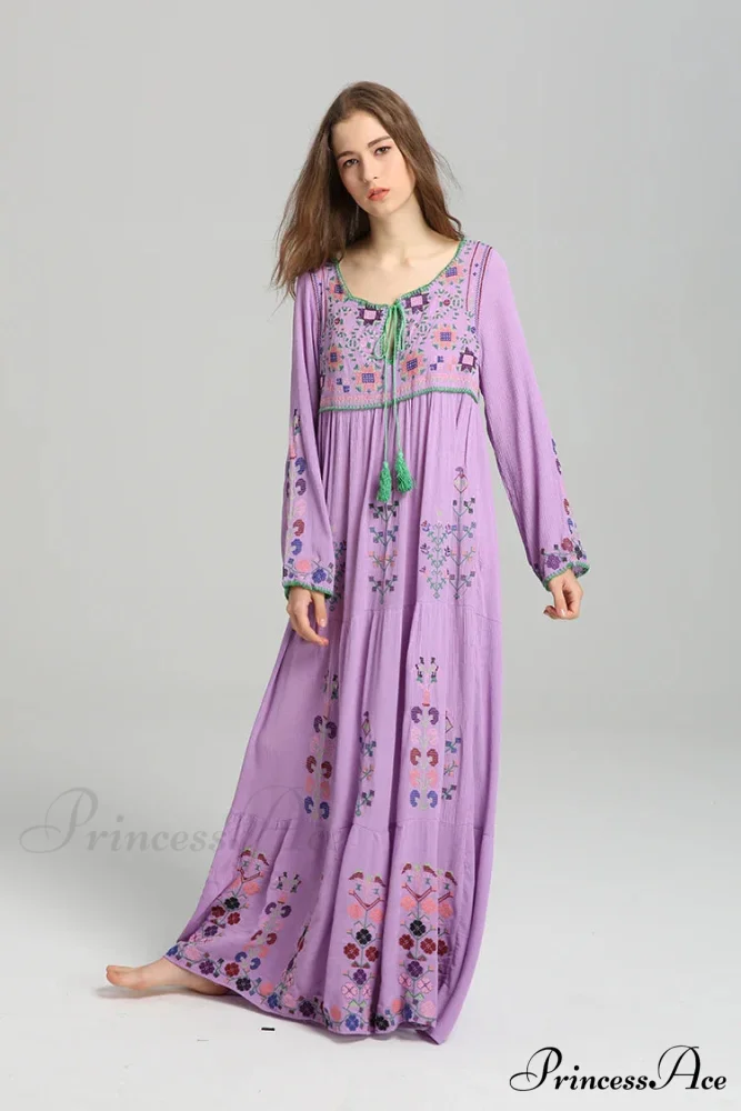 Stitched Flowery Long-sleeved Wanderer Maxi Boho Dress - Image 3