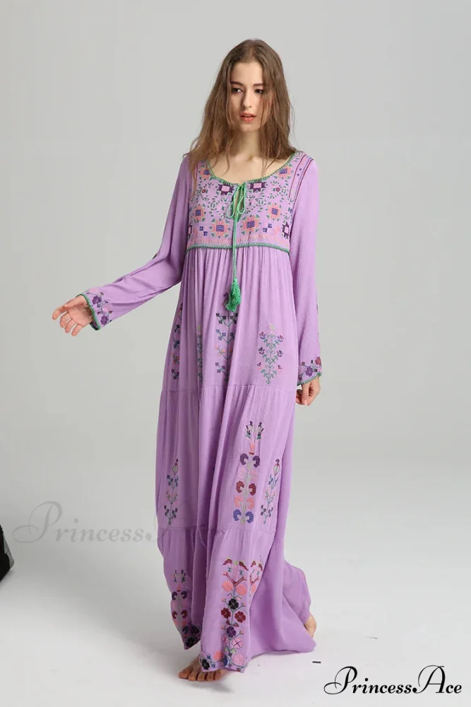 Stitched Flowery Long-sleeved Wanderer Maxi Boho Dress - Image 4