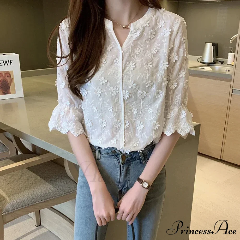 Stitched Ivory Cotton Flower Korean Style Blouse - Image 4