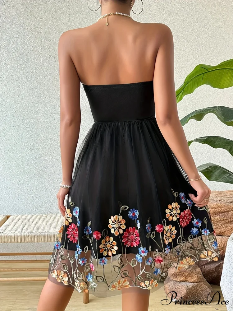 Stitched Net Flower Bandeau Retro Flower Dress - Image 2