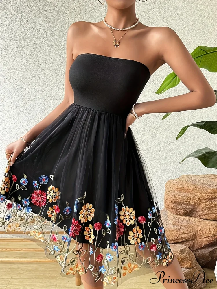 Stitched Net Flower Bandeau Retro Flower Dress - Image 3