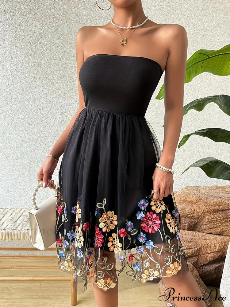 Stitched Net Flower Bandeau Retro Flower Dress - Image 4