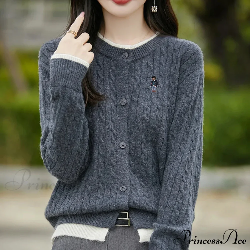Stitched Small Bear Baggy Cashmere O-Neck Cardigan - Image 2