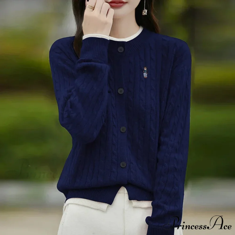 Stitched Small Bear Baggy Cashmere O-Neck Cardigan - Image 3