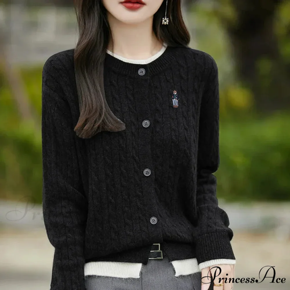 Stitched Small Bear Baggy Cashmere O-Neck Cardigan - Image 4