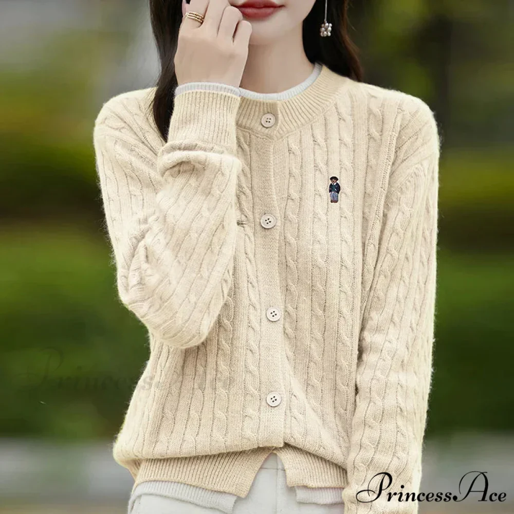 Stitched Small Bear Baggy Cashmere O-Neck Cardigan - Image 5