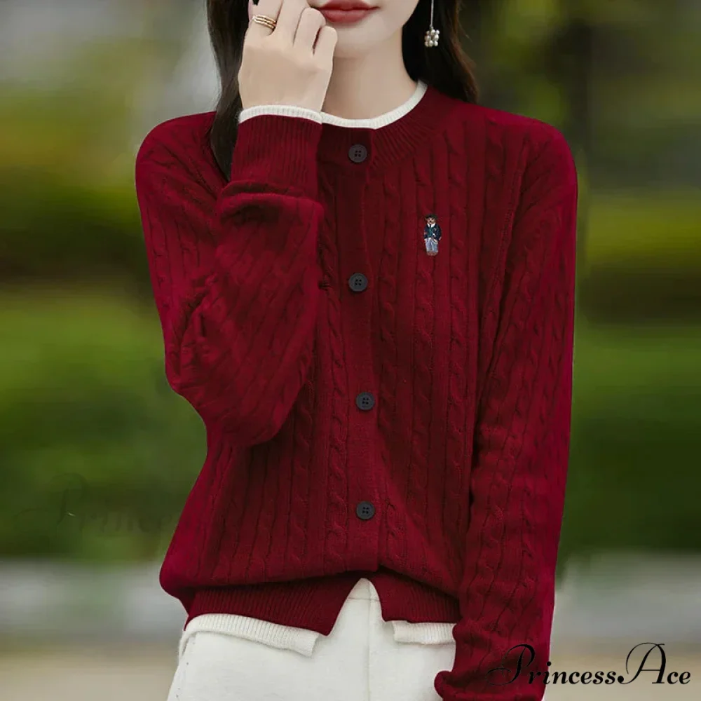 Stitched Small Bear Baggy Cashmere O-Neck Cardigan - Image 6