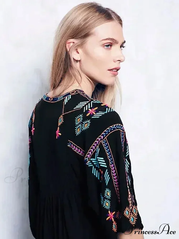 Stitching Relaxed Plunging Neckline Black Sophisticated Boho Dress - Image 4