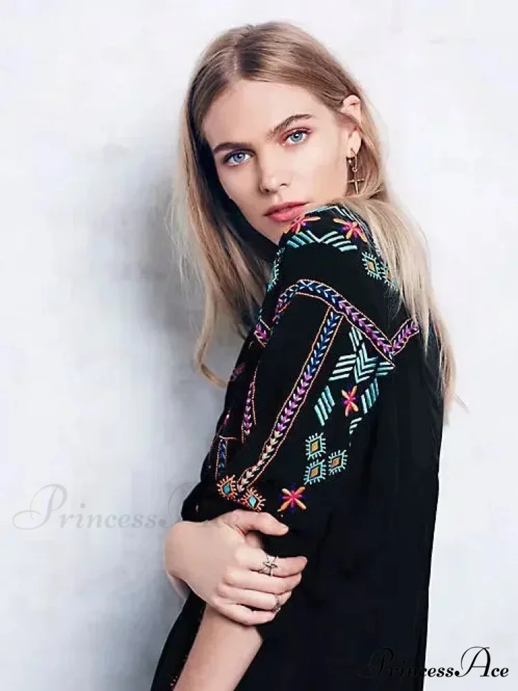 Stitching Relaxed Plunging Neckline Black Sophisticated Boho Dress - Image 5