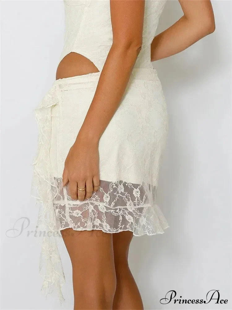 Stretchy Small Waist Lace Floral Mini Skirt Uneven Hem Skirt - Image 3