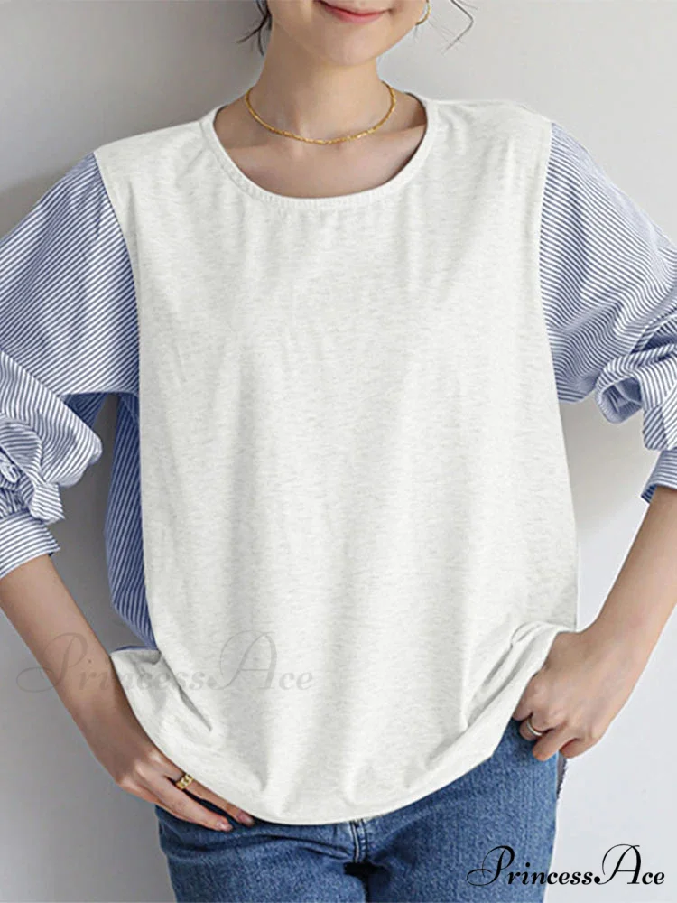 Stripe Patchwork Frilled Informal Blouse - Image 2