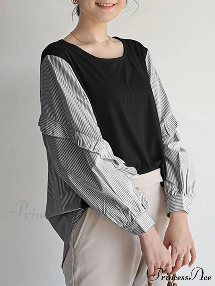 Stripe Patchwork Frilled Informal Blouse - Image 4