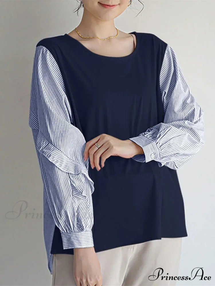 Stripe Patchwork Frilled Informal Blouse - Image 6