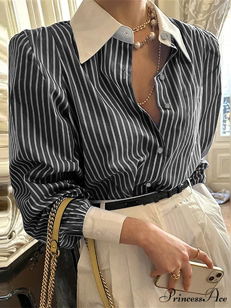 Stripe Patchwork Informal Extended Sleeve Tunic Blouse - Image 2