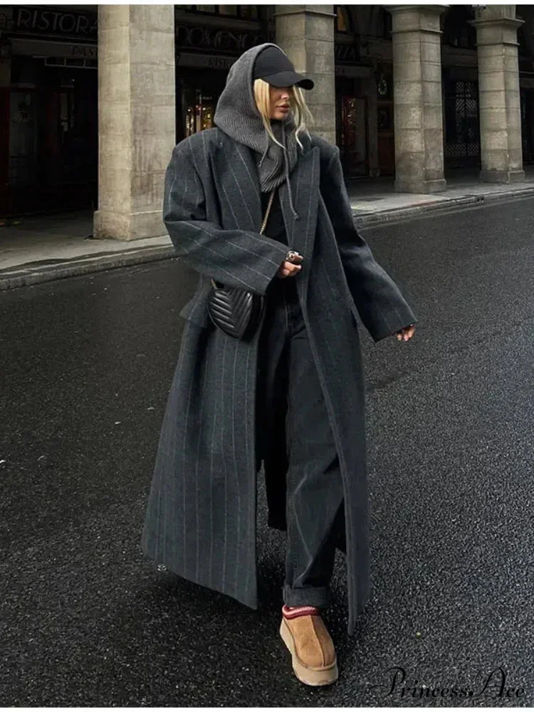 Striped Antique Baggy Collar Woolen Overcoat - Image 3