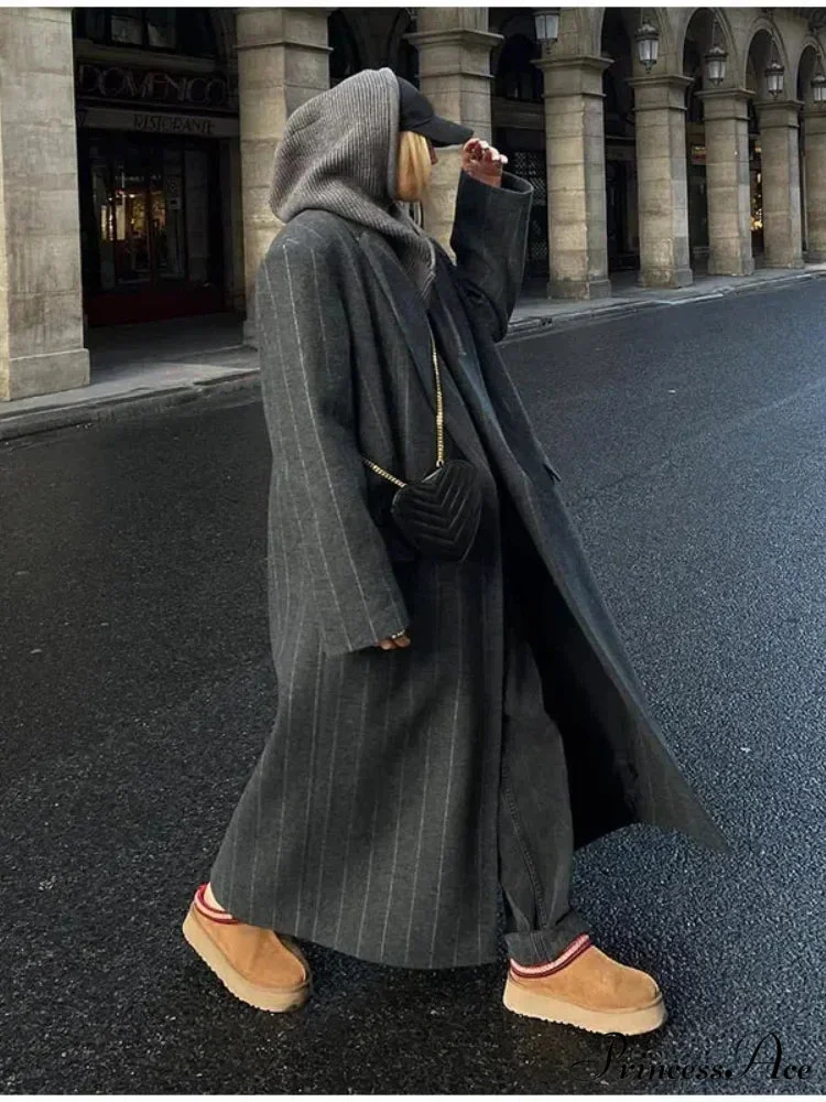 Striped Antique Baggy Collar Woolen Overcoat - Image 4
