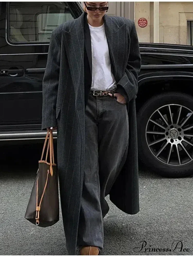 Striped Antique Baggy Collar Woolen Overcoat - Image 5
