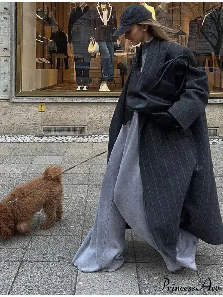 Striped Antique Baggy Collar Woolen Overcoat - Image 6