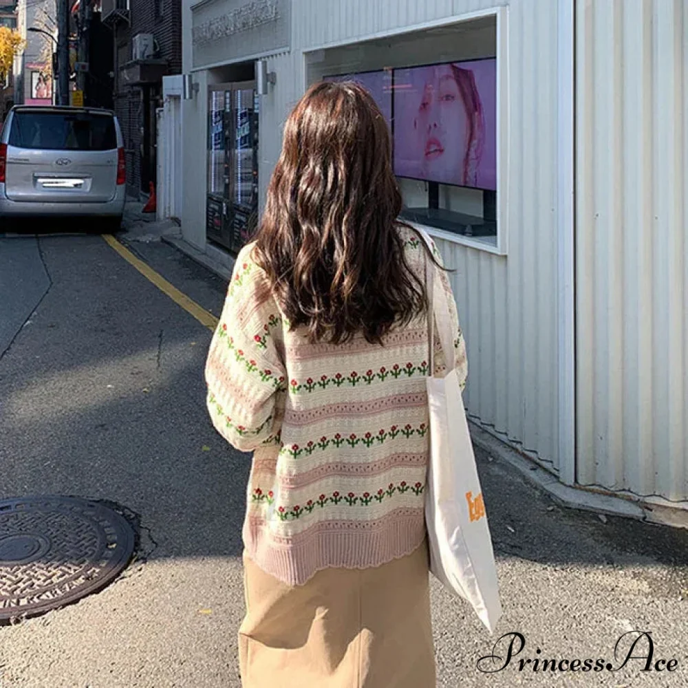 Striped Blossom Textured Button Front Cardigan - Image 2