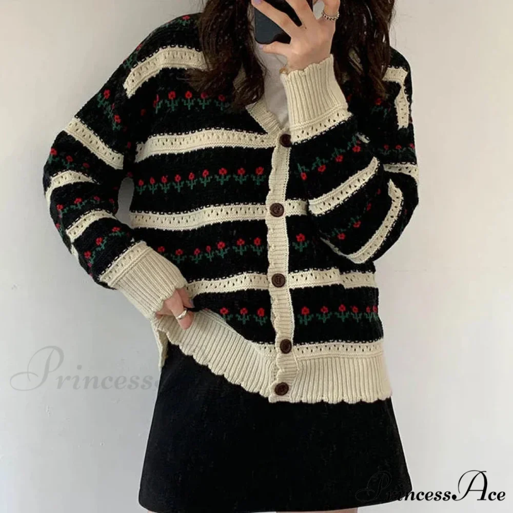 Striped Blossom Textured Button Front Cardigan - Image 3