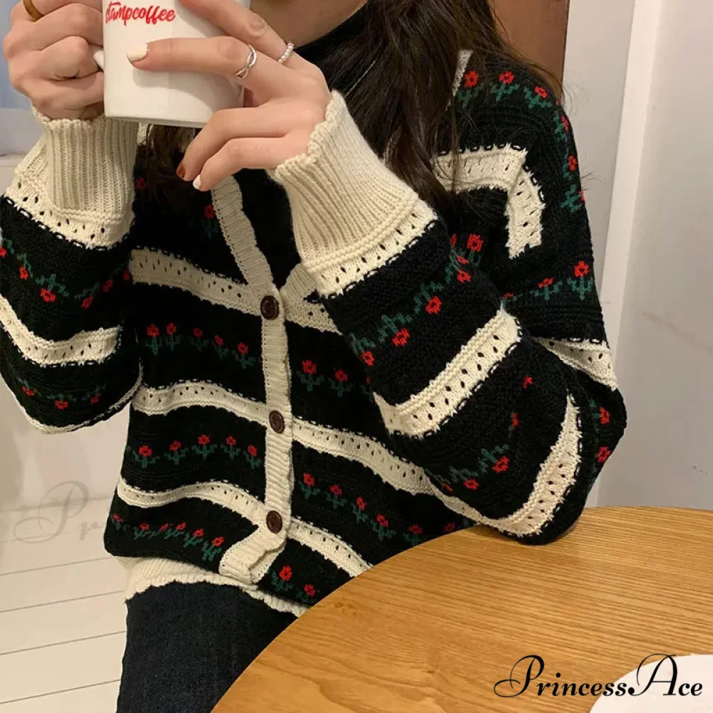 Striped Blossom Textured Button Front Cardigan - Image 4