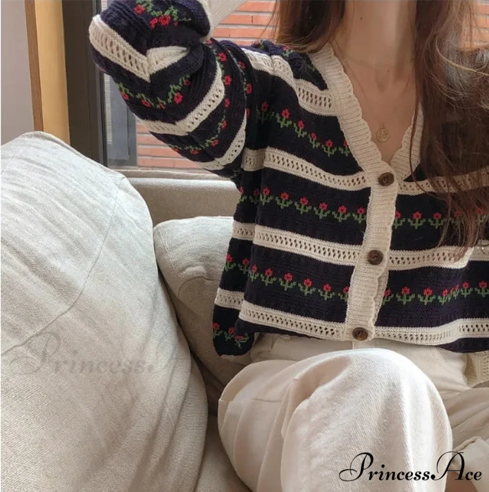 Striped Blossom Textured Button Front Cardigan - Image 5
