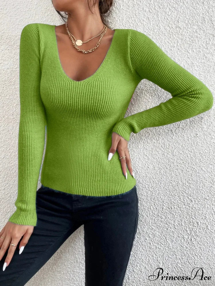 Striped Knit V-Neck Ribbed Pullover Sweater Knit Top - Image 7